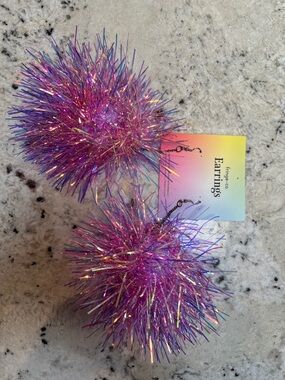 Iridescent Pink Tinsel Pom Drop Earrings